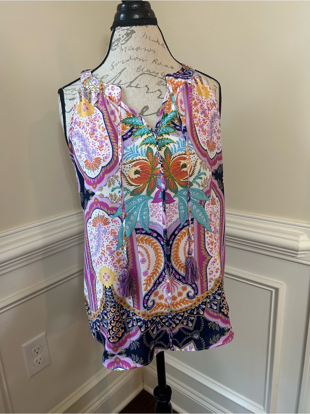 Rose & Olive Purple Multi-Print Tassel V-Neck Camisole
